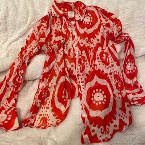 J.crew XS button down cotton silk collared patterned orange white red